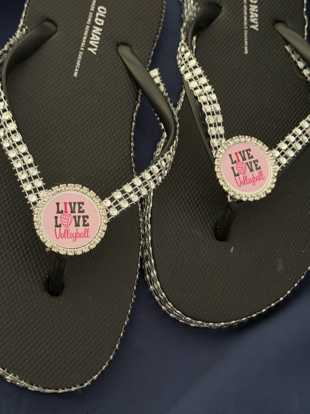 Black Flip Flop Sandals with Pink 'Live Love Volleyball' Accent